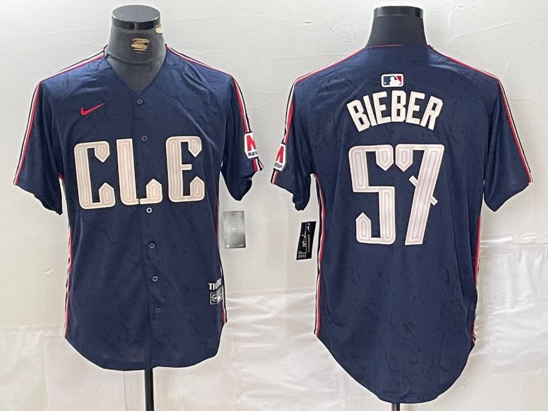 Men Cleveland Indians #57 Bieber Blue City Edition Nike 2024 MLB Jersey style 6